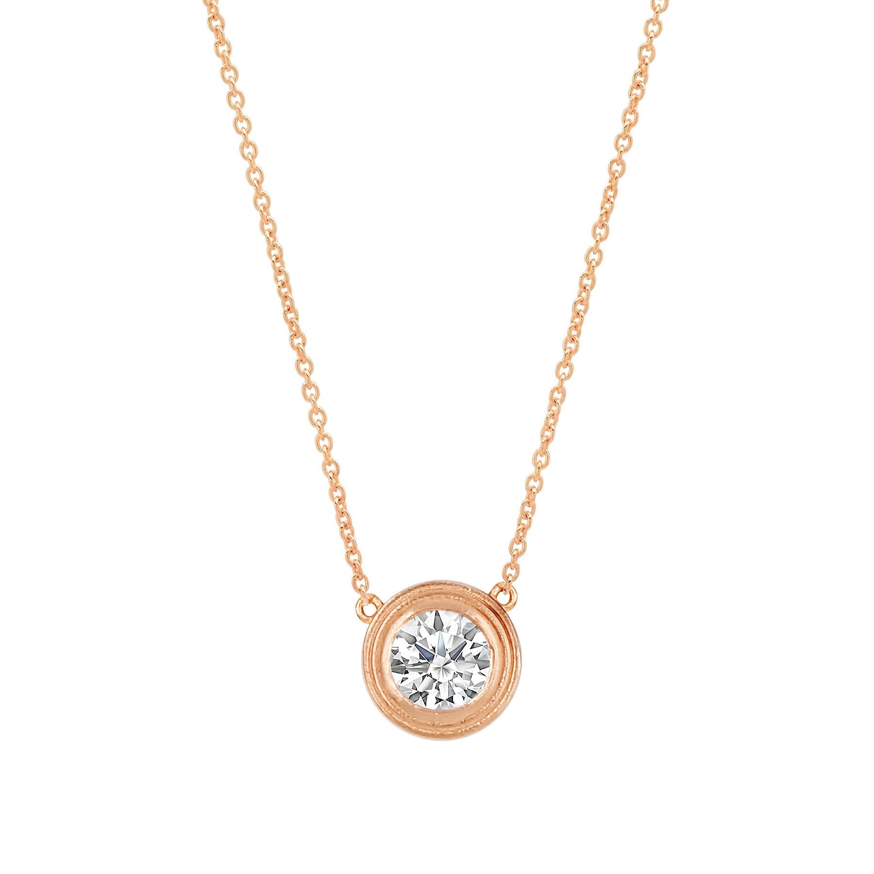 Solitaire Round Diamond Double Bezel Necklace in 14K Gold