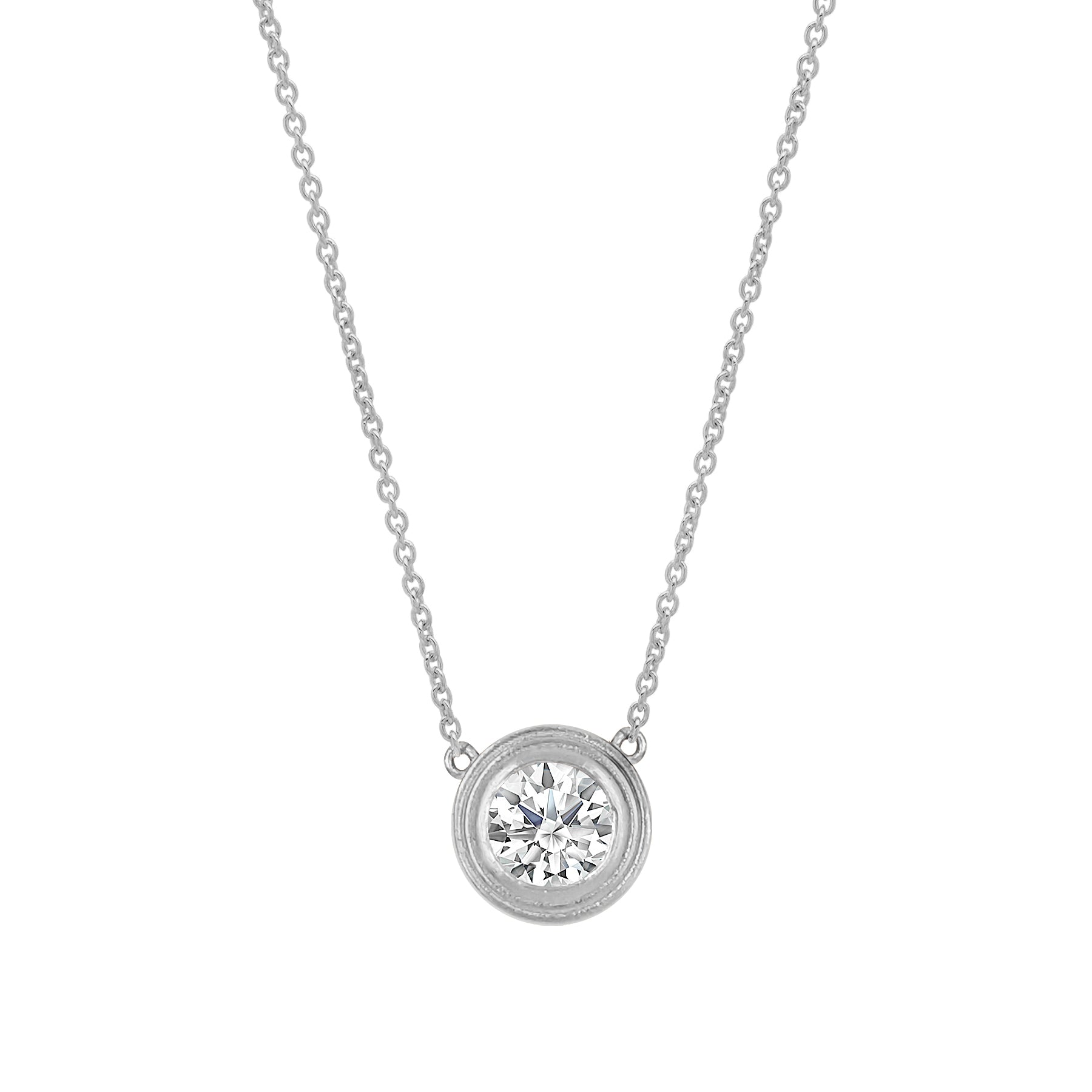 Solitaire Round Diamond Double Bezel Necklace in 14K Gold